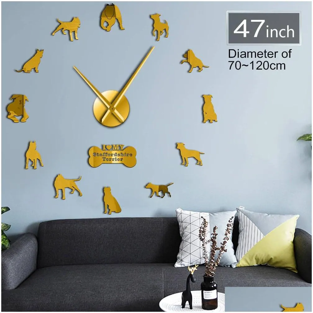 pit bull decorative 3d diy wall american staffordshire terrier fashion home clock with mirror numbers stickers 201212