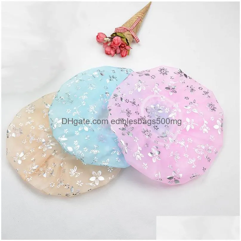 double layer stamping shower cap waterproof elastic band bath cap resuable hair caps hat adult makeup hair cover shower caps