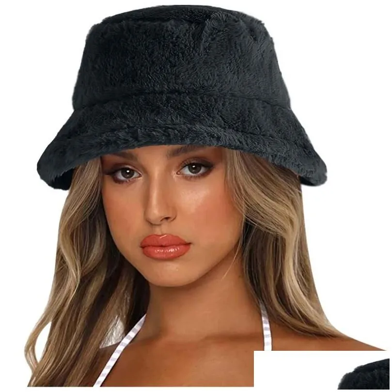 wide brim hats bucket hat fashion solid color winter thick warm faux fur plush women wool fleece ladies panamas sun caps gmwide