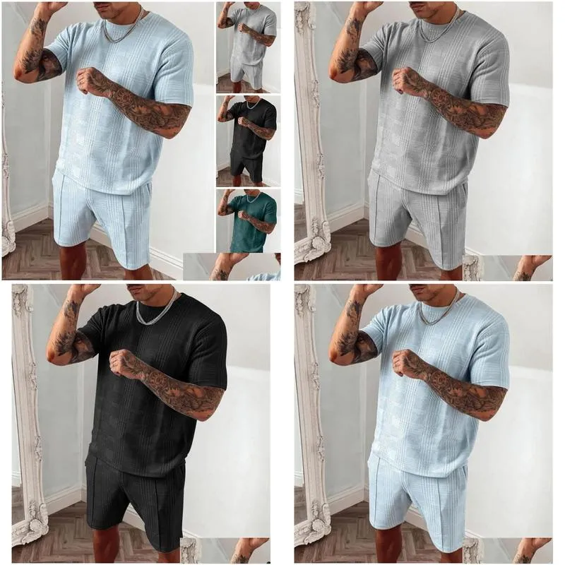 mens tracksuits 2022 summer tracksuit men casual sports set solid color plaid short sleeved shorts sets mens fashion 2 piece