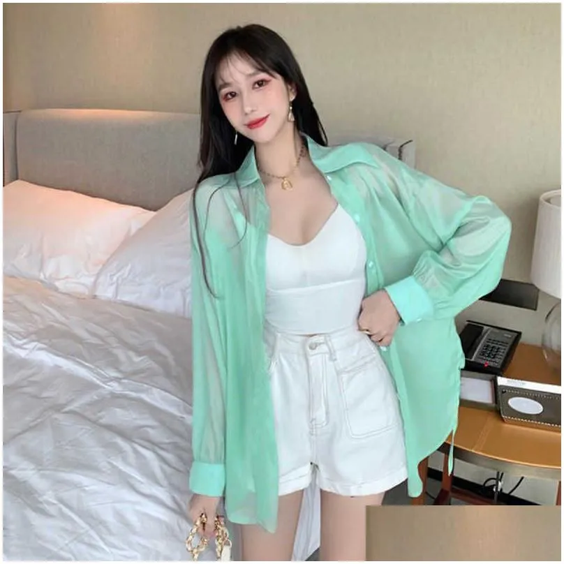 womens blouses shirts houzhou transparent blouse summer 2021 long sleeve white pink green button up shirts women y2k korean fashion cardigan sheer top