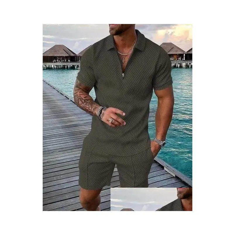 mens tracksuits fashion solid color mens suit men sets mesh printed 2023 streetwear zipper short sleeve shorts two pieces