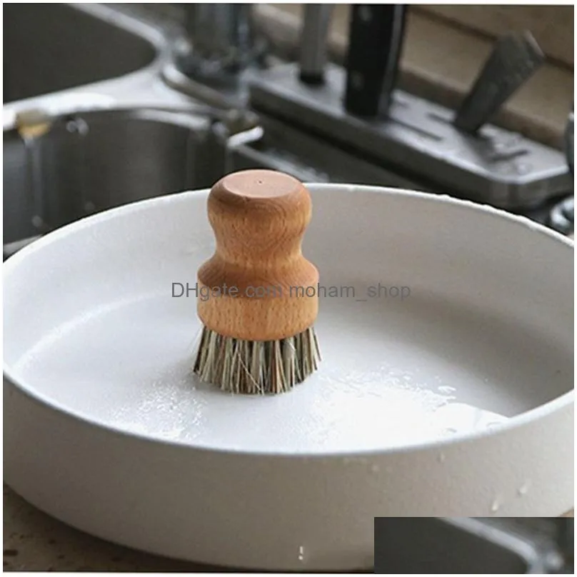 palm pot wash brush wooden round mini dish brush natural scrub brush durable scrubber short handle cleaning dishes kitchen kit