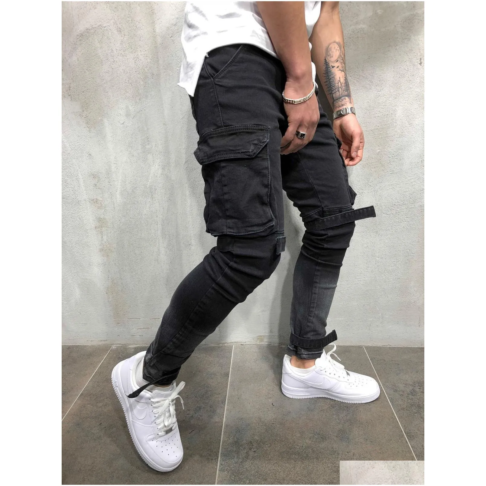 mens black denim slim fit jeans male skinny pencil pants casual cargo pants trousers with pockets straps shipping