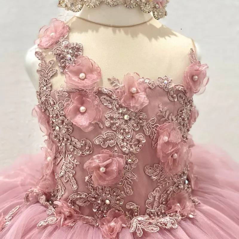 -Neck Flower Girls Dress SleevelessPrincess Ball Gown Applique Crystals Beads 3DFlower Tull vestidos para ninas