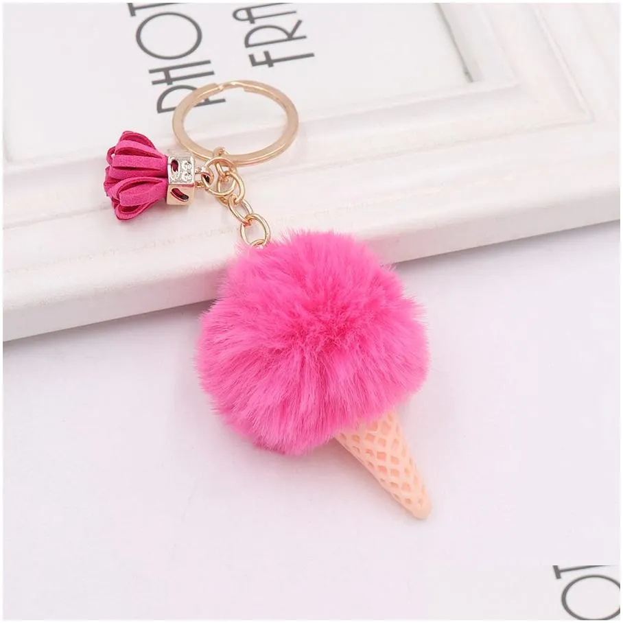 ice cream keychain cute bag cartoon key rings imitation rex rabbit fur plush pendant cone car hair ball bag accessories keychains