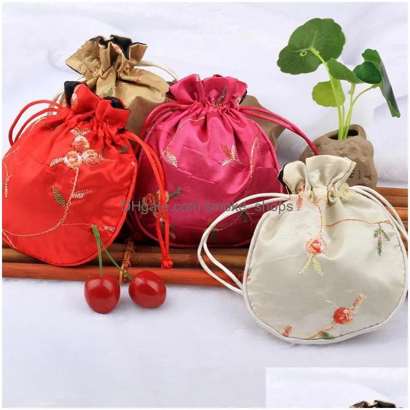 wholesale portable rounded drawstring embroidery pouch jewelry silver beaded storage bag delicate durable embroidered storage bag dh1219