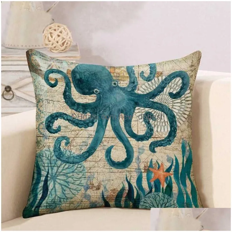 customizable single-sided printing marine sea turtle seahorse whale octopus home cushion covers 45x45cm linen sofa pillow case dh0569