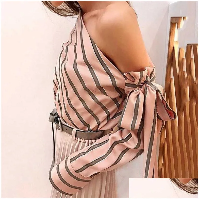 summer women new striped loose blouse fashion lady off shoulder lace up shirts female elegant tops blouses long sleeve chic