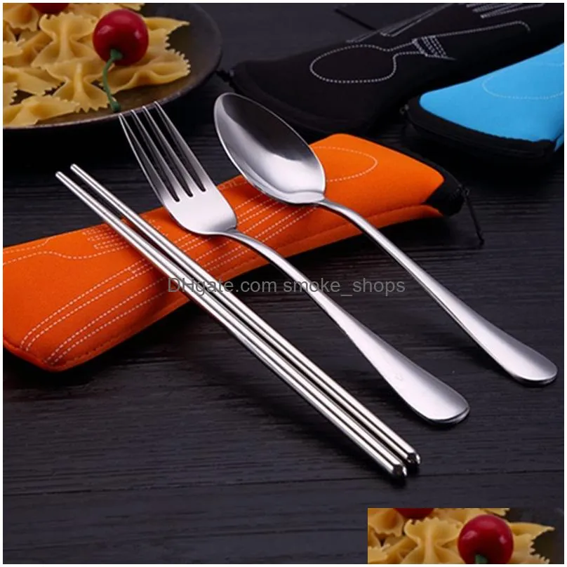 outdoor picnic portable stainless steel tableware set outdoor activity travel three-piece fork spoon chopsticks set with pp box dh0409