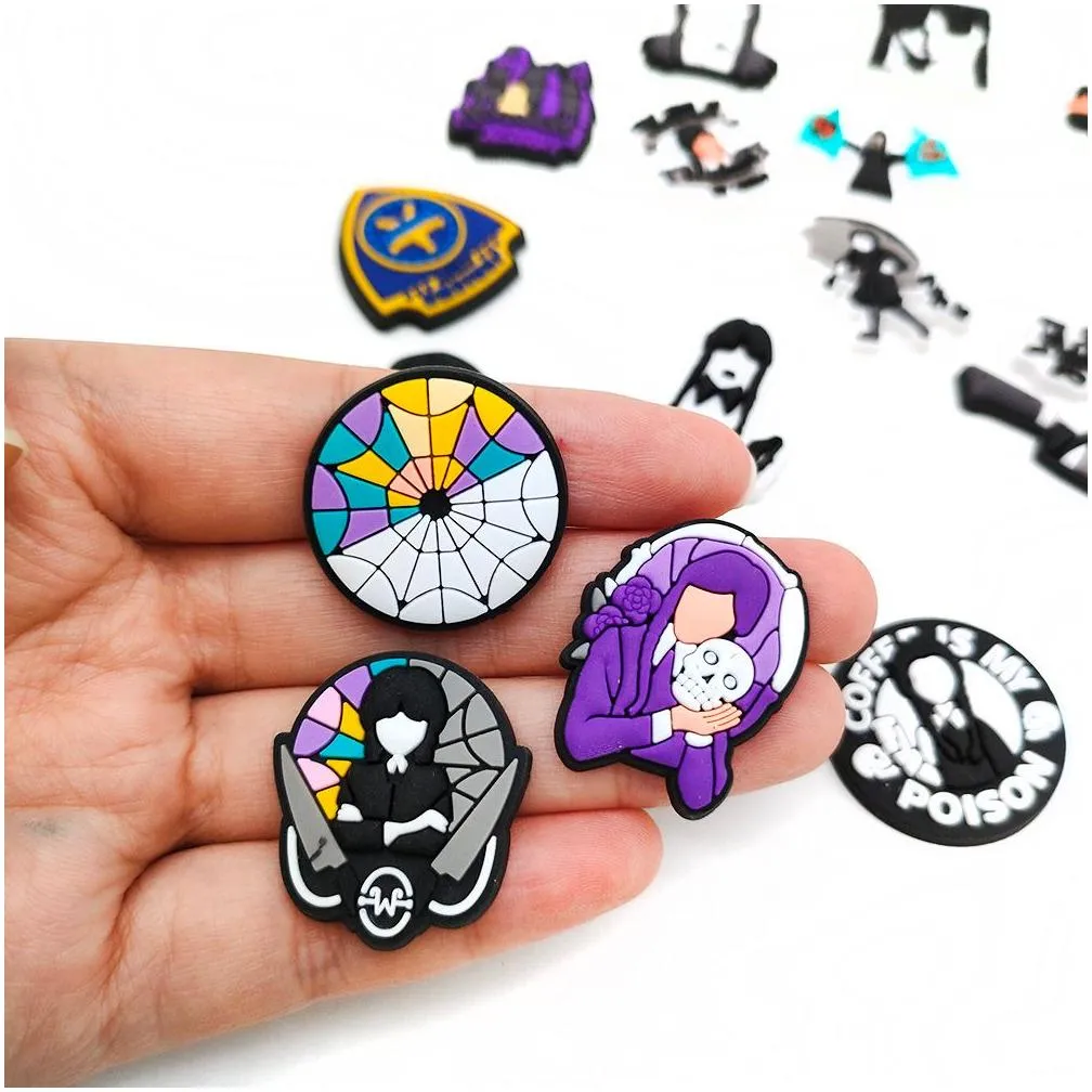 other jibz 1pcs american drama wednesday clog shoe charms pvc cartoon diy sandals accessories clogs decorations boy kid adt gift