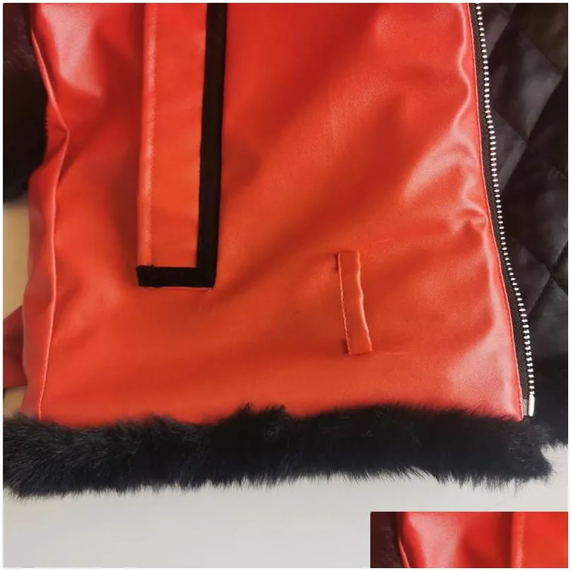 mens fur faux leather winter jacket thicken velvet collar hooded zipper color blockwork fashion red men