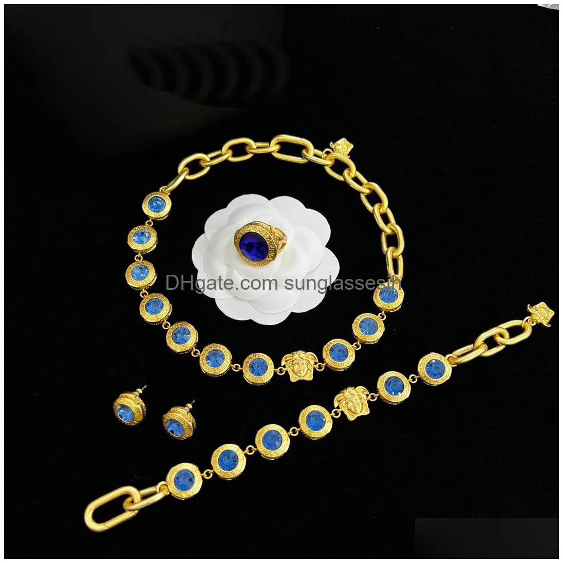 fashion designer blue resin crystal necklaces bracelet earring rings set banshee  head portrait 18k gold plated birthday festive engagement gifts