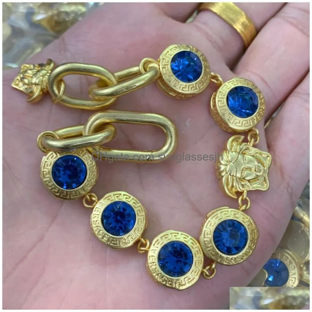 fashion designer blue resin crystal necklaces bracelet earring rings set banshee  head portrait 18k gold plated birthday festive engagement gifts