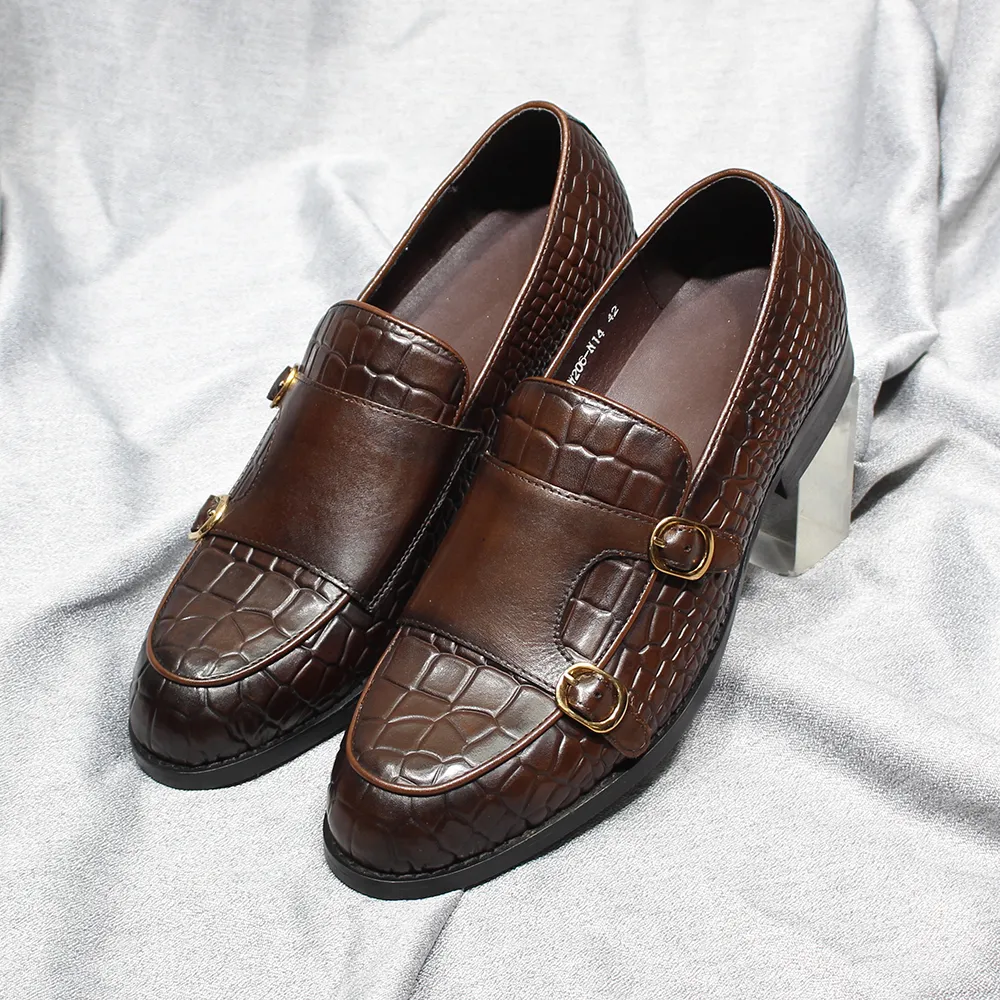 Men's Loafers Cow Leather Handmade Alligator Print Slip on Wedding Office Dress Shoes Male Double Buckle Monk Strap Casual Shoes