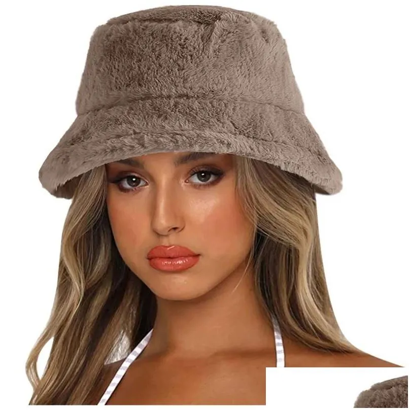 wide brim hats bucket hat fashion solid color winter thick warm faux fur plush women wool fleece ladies panamas sun caps gmwide