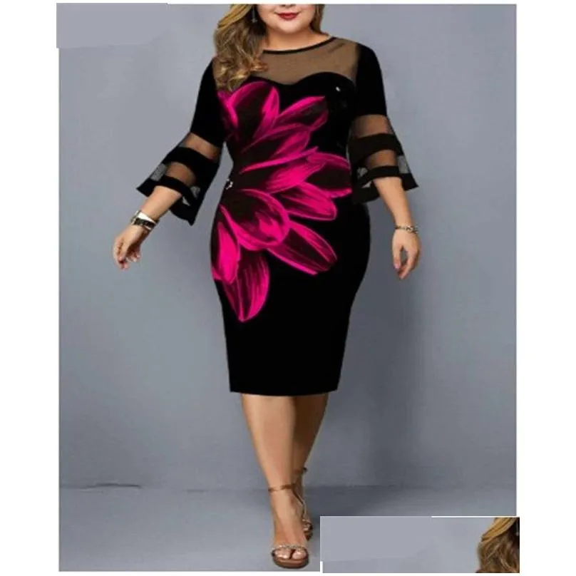 womens plus size dresses casual flower print meshwork midi lace 3/4 sleeve party summer dress for wedding clothing