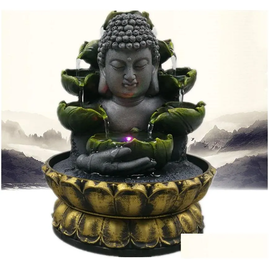 creative home decorations resin flowing water waterfall led fountain buddha statue lucky feng shui ornaments landscape decor t200331