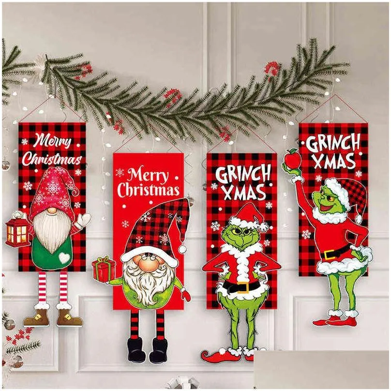 grinch christmas decorations for home hanging flag merry christmas ornaments door decor flag banners navidad 2023 new year decor