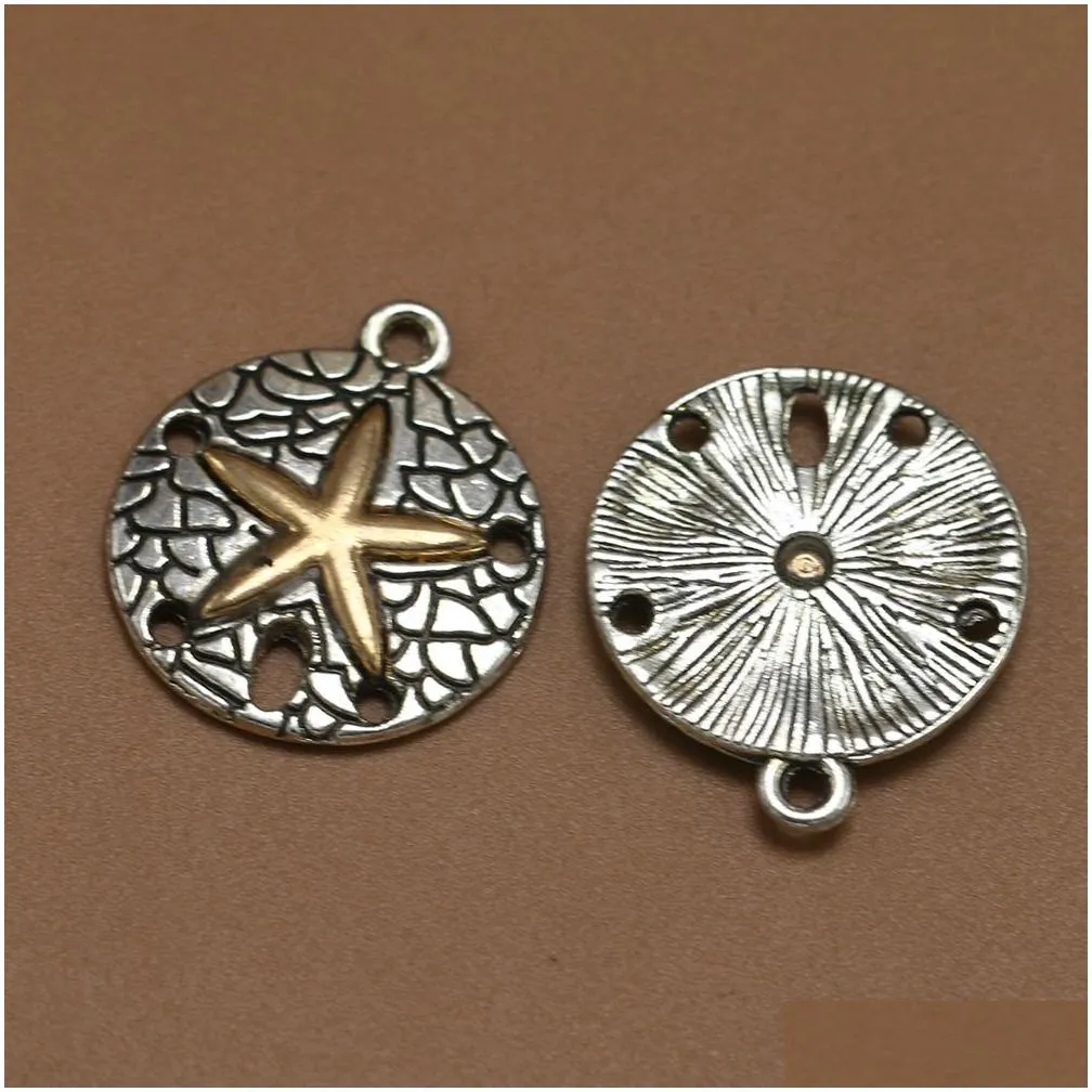 wholesale-15pcs/pack antique silver alloy round starfish necklace charms pendant jewelry making handmade crafts women gift 22x19x2mm