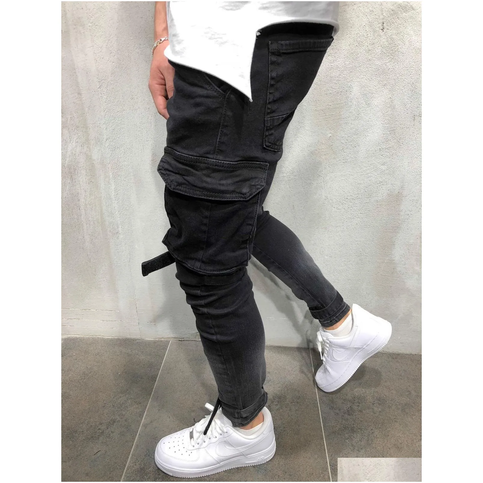 mens black denim slim fit jeans male skinny pencil pants casual cargo pants trousers with pockets straps shipping
