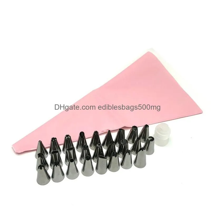 26pcs/set silicone pastry bag tips kitchen diy icing piping cream reusable pastry bags with 24 nozzle cake decorating tools vt0456