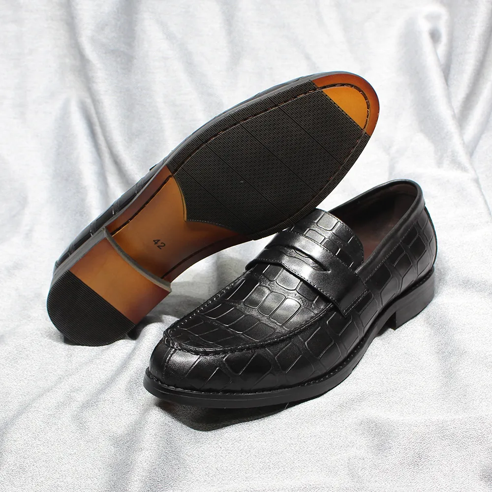 Men's Penny Loafers Genuine Leather Handmade Alligator Pattern Slip on Wedding Party Dress Shoes Male Office Flat Casual Loafer