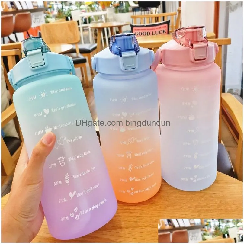 2l large capacity water bottle with straw high temperature plastic water cup time scale frosted outdoor sports student couple cups 2685