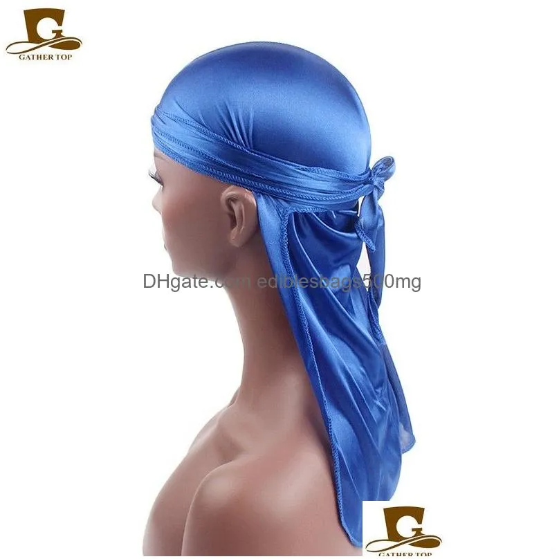 fashion silk long tail scarf cap multi colors soft satin durag bandanna turban for women pirate hat high quality 5jd kk