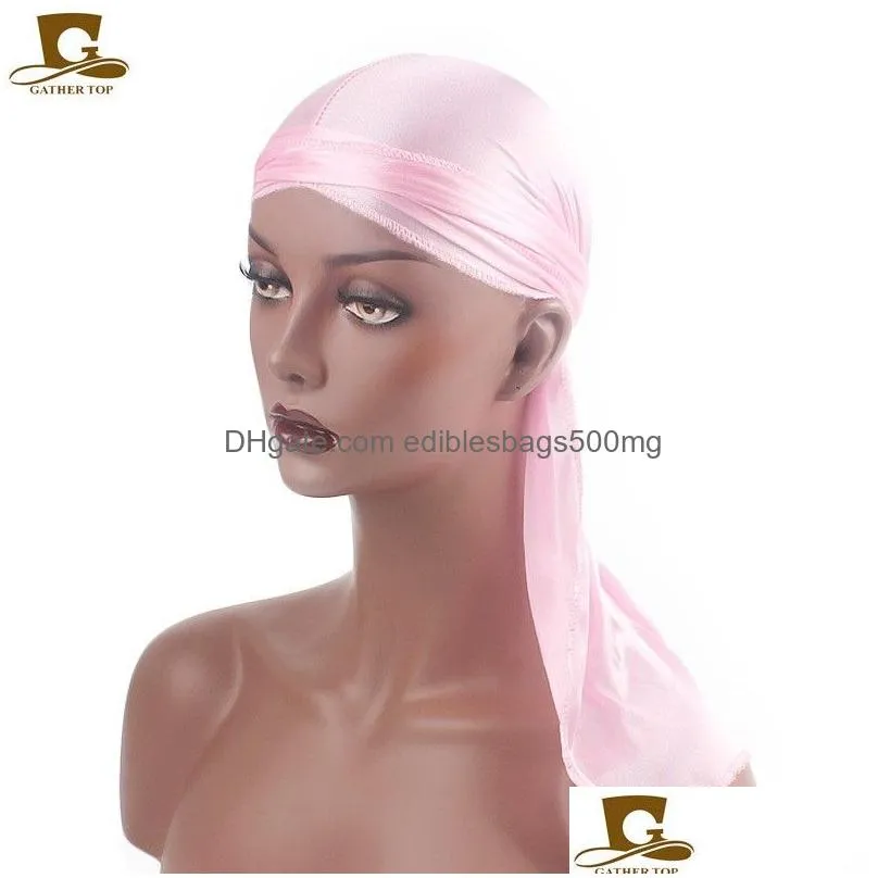 fashion silk long tail scarf cap multi colors soft satin durag bandanna turban for women pirate hat high quality 5jd kk