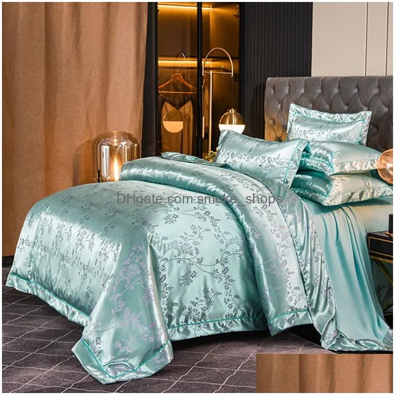 gold coffee jacquard luxury bedding set queen/king size stain bed set 4pcs cotton silk lace duvet cover sets bedsheet home textile 486