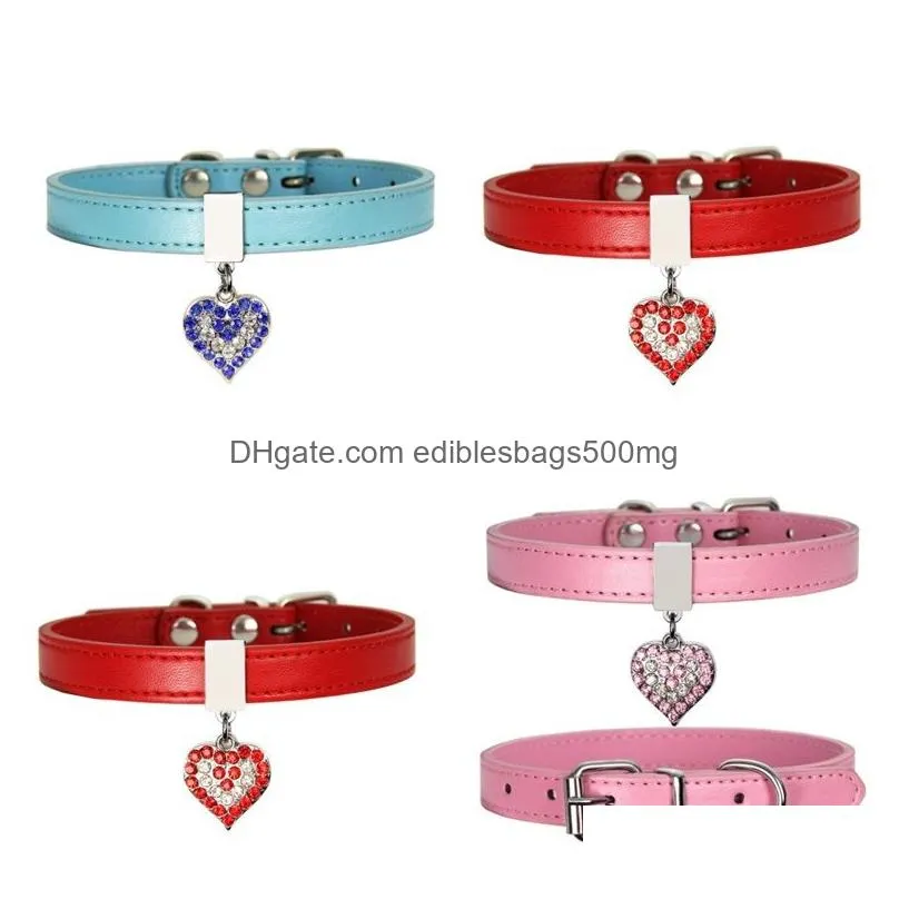 pet dog collar with diamond heart bell fashion pu leather pet dog cat collars small dog neck adjustable strap 39 p2