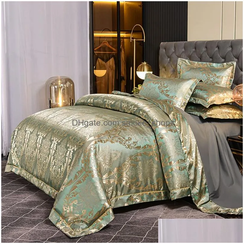 gold coffee jacquard luxury bedding set queen/king size stain bed set 4pcs cotton silk lace duvet cover sets bedsheet home textile 486