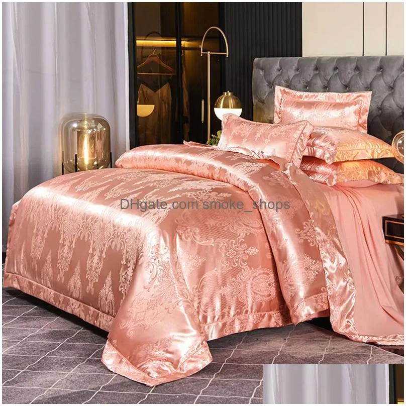 gold coffee jacquard luxury bedding set queen/king size stain bed set 4pcs cotton silk lace duvet cover sets bedsheet home textile 486