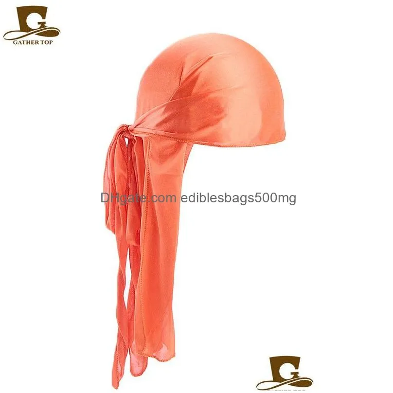 fashion silk long tail scarf cap multi colors soft satin durag bandanna turban for women pirate hat high quality 5jd kk