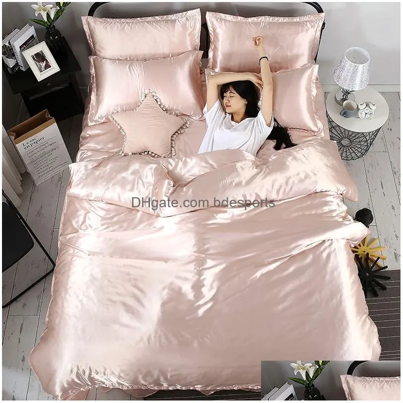 luxury pure satin silk bedding set single queen king size bed set duvet cover flat sheet pillowcases comforter home textile 1339 v2