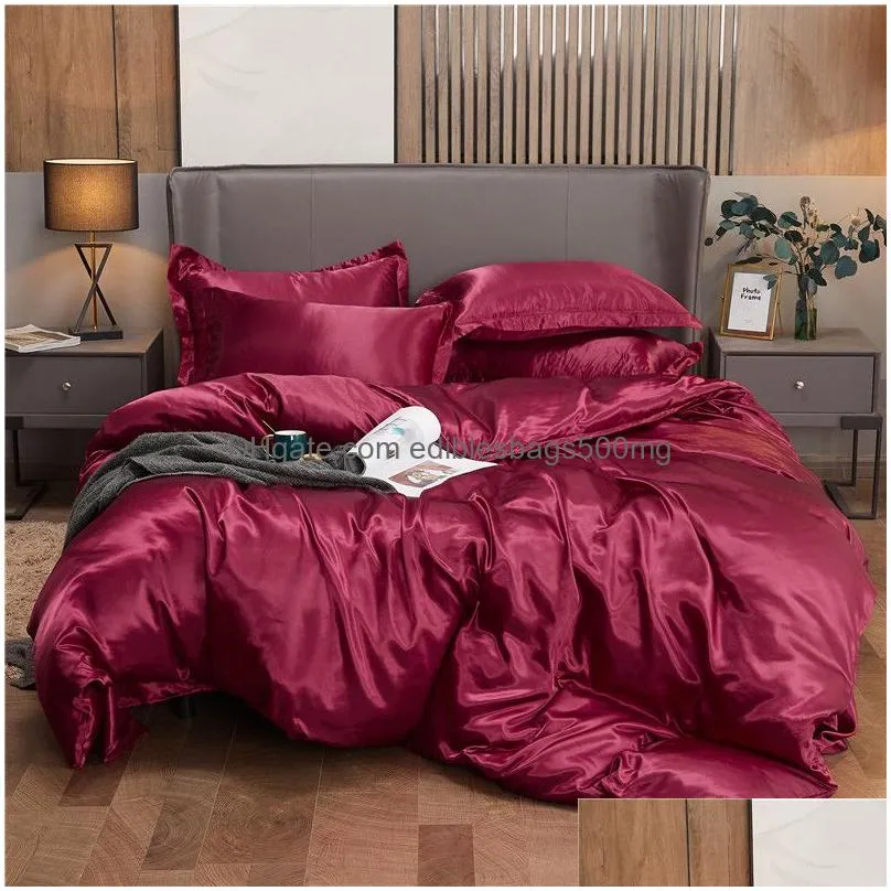 solid color imitation silk bedding sets sheet sheet quilt cover pillow case 4pcs set soft home supplies 714 v2