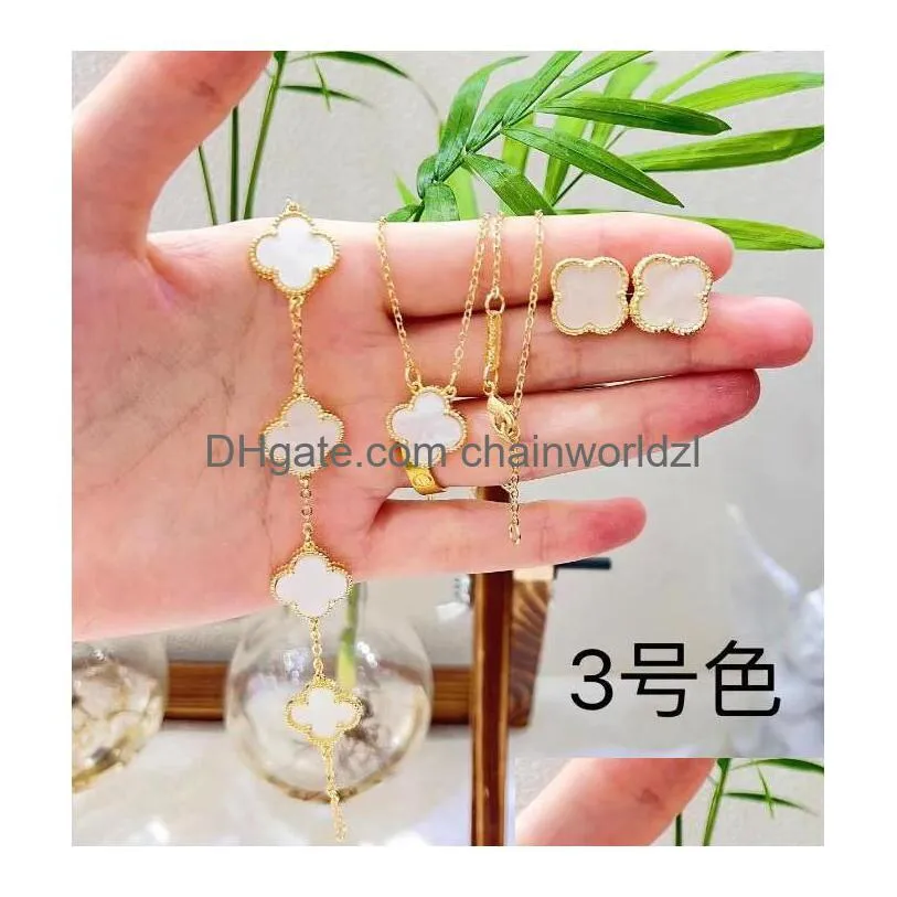 4 four leaf clover luxury designer jewelry sets diamond shell fashion brass copper women bracelet earrings necklace valentines day birthday