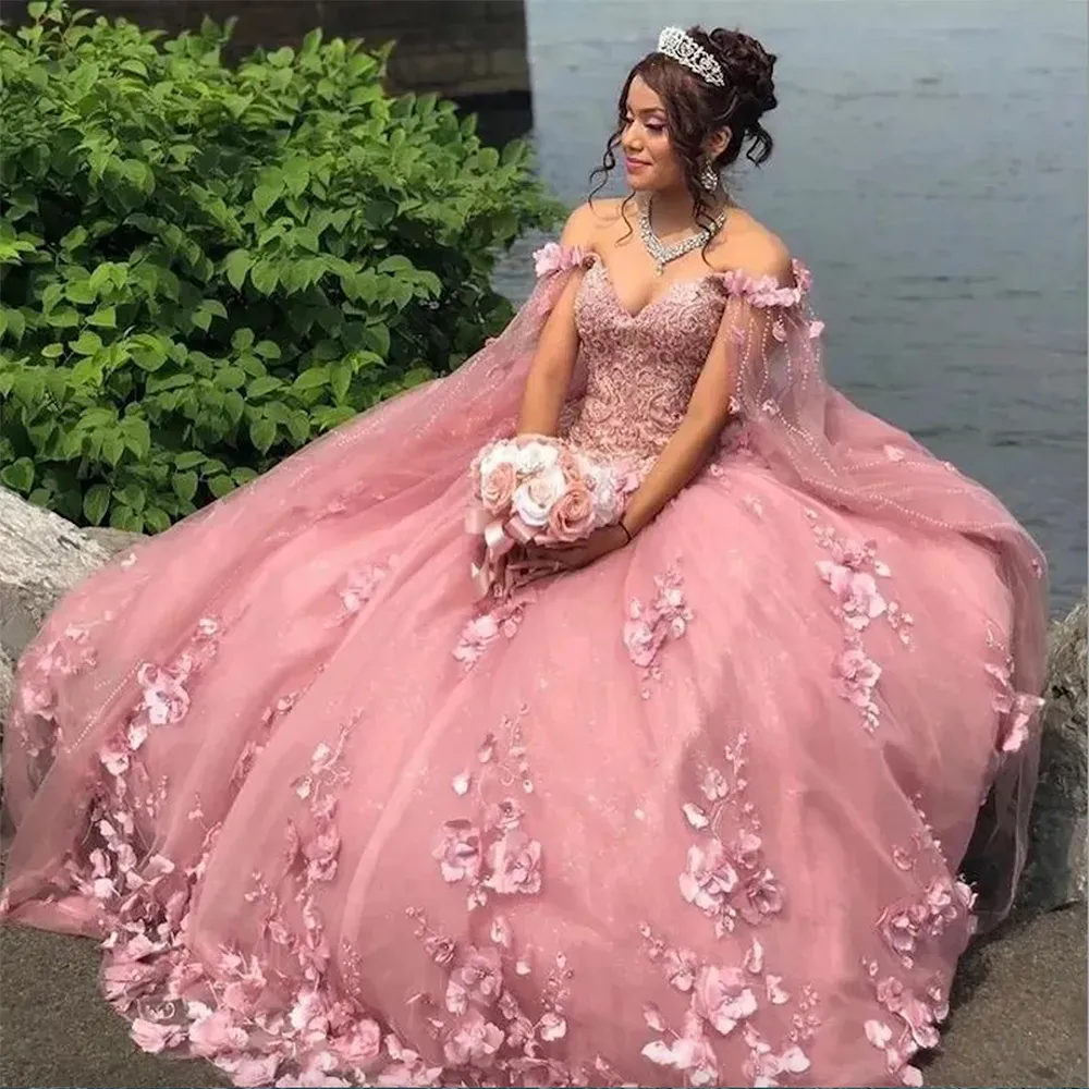 Pincess Pink Quinceanera Dresses Handmade Flowers Lace Appliqued With Long Wrap Tulle Fluffy Prom Party Ball Gown Plus Size Girl Sweet 15 16 Dress Formal Wear