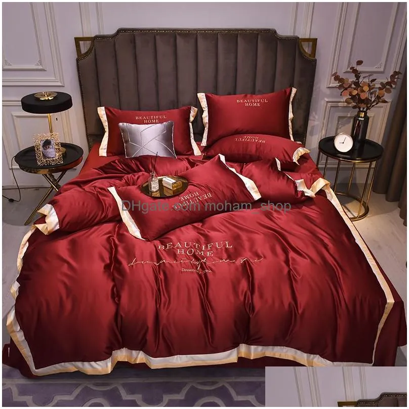 2022 -selling silk bedding sets 4 pcs solid bed suit qulit cover designer bedding supplies 10 colors 436 v2