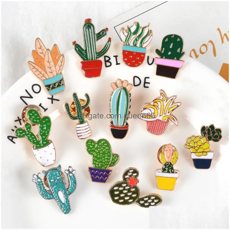 14styles potted plant rainbow enamel pins custom cactus cat brooches backpack shirt lapel pin badge fashion cartoon jewelry kids