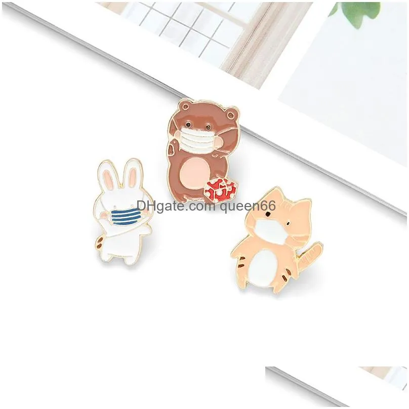 funny cute epidemic prevention masks animals enamel pins cartoon colors bear cats rabbits brooches for kids gifts lapel pins clothes