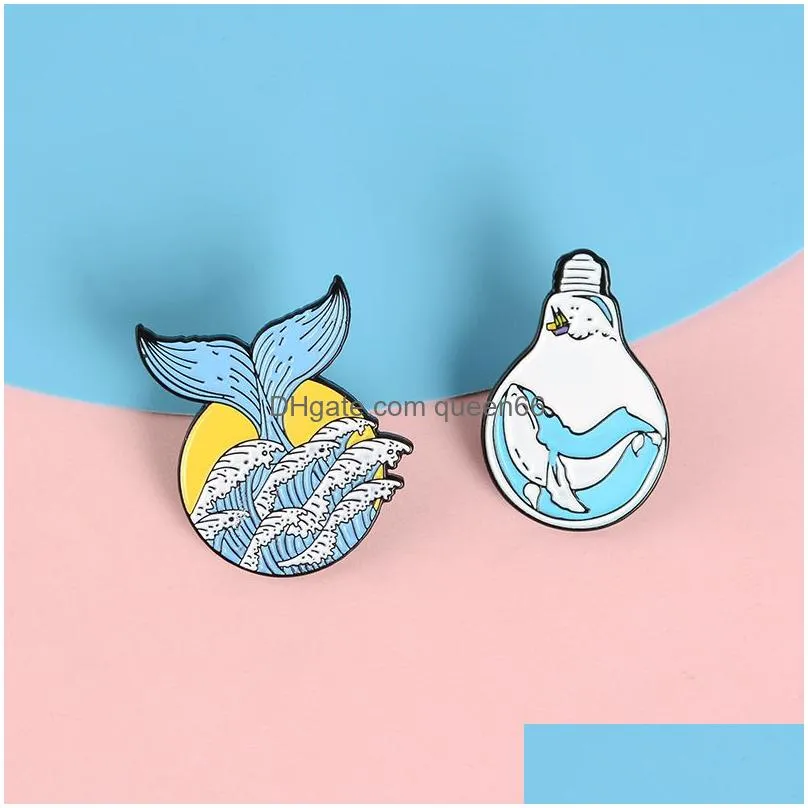 trapped in light bulb whale enamel pin brooches for women beautiful whale tail wave lapel pins badges clothes backpack shirt jewelry