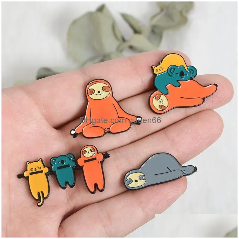 cute funny sloth enamel pin lazy animal koala cat badge brooch lapel pins denim jeans shirt bag cartoon jewelry gift for kids