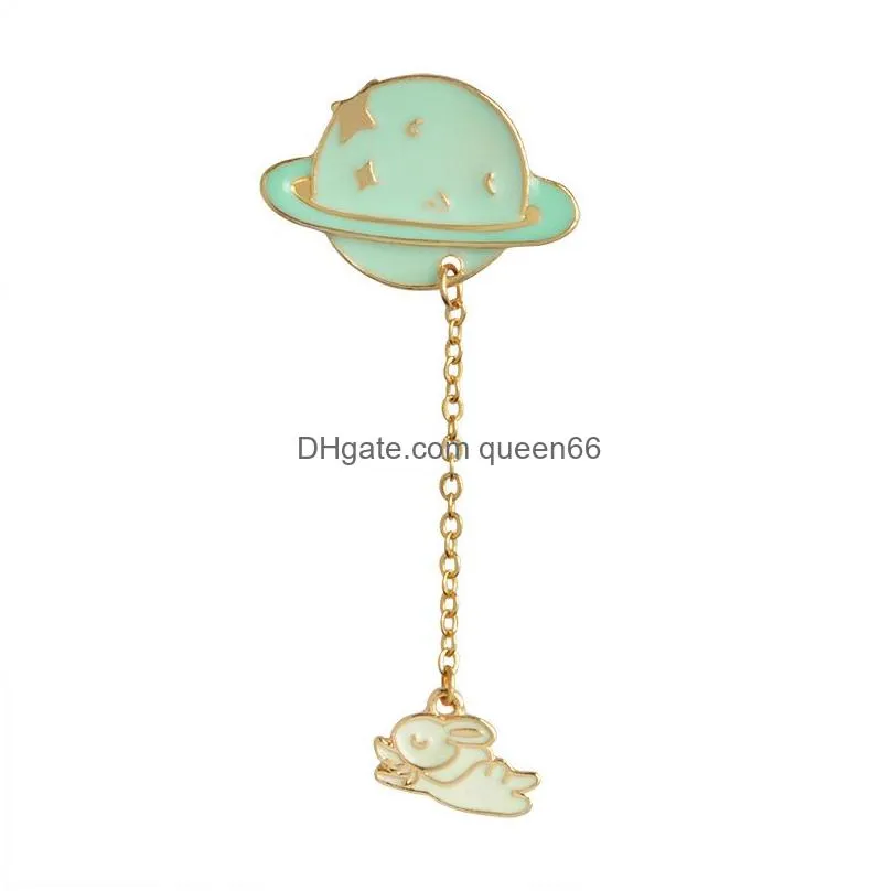 cartoon saturn planet astronaut sailing rabbit metal brooch pins chain button pin denim jacket pin badge gift jewelry