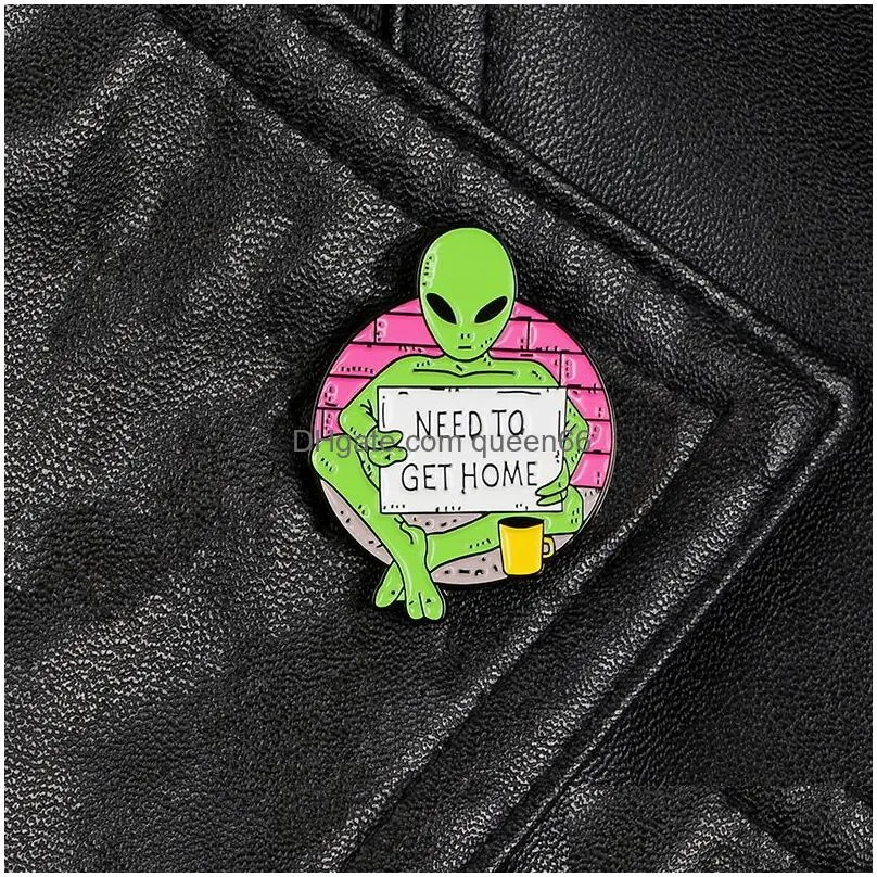 alien green enamel pin brooches for women coffee cup badge hand holding paper need to get home lapel pin clothes backpack jewelry