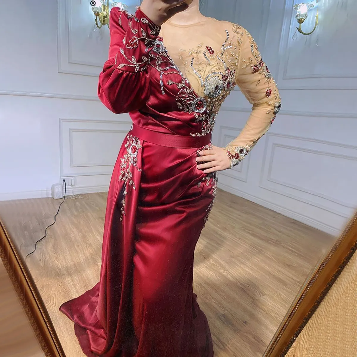 Gorgeous Mermaid Prom Dresses Jewel Long Sleeves Illusion 3D Flower Applicants Beads Detachable Court Gown Satin Custom Made Plus Size Party Dress Vestido De Noite