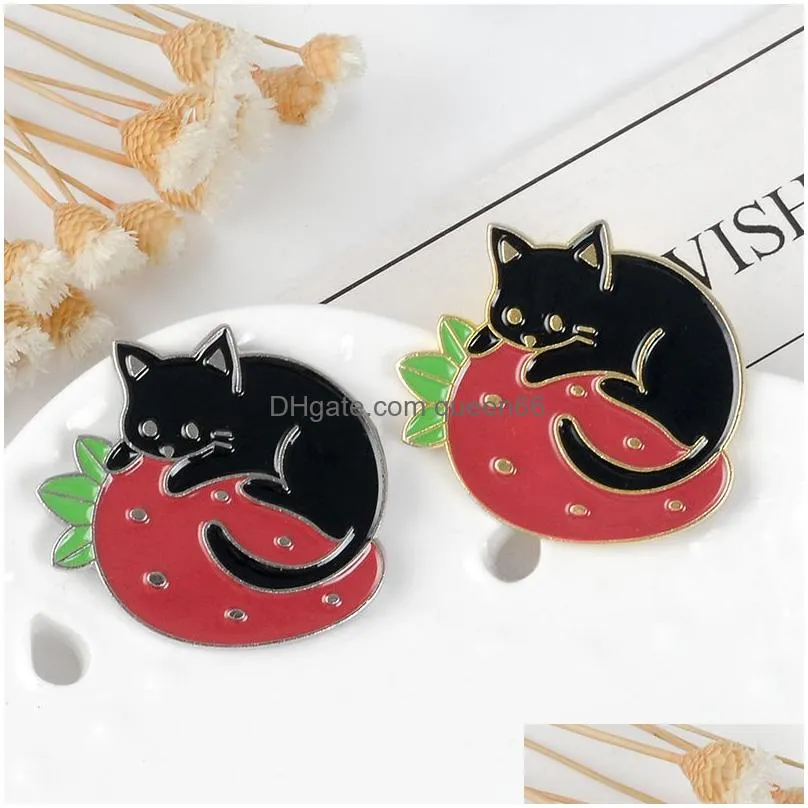 gold silver cats enamel pin fruit berry badge brooch bag clothes lapel pin cartoon animal jewelry gift for cat fans kids