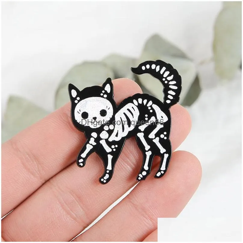 cat skeleton enamel pins punk glitter dark cat badge brooch bag clothes lapel pin funny animal jewelry gift for friends