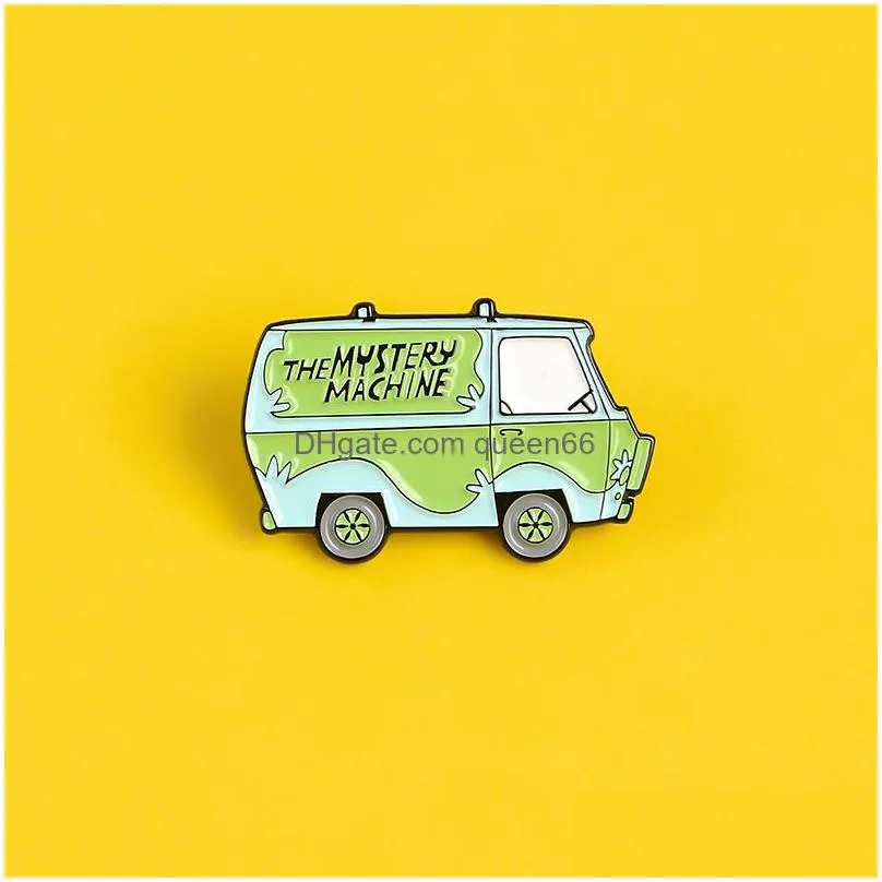 magical green car enamel pins the mystery machine badges solve trouble brooches for women backpack bag lapel pin cartoon cute jewelry